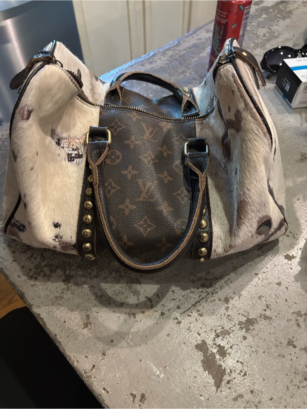 Cow hide beautifully LV Monogram & Cream Haircalf Satchel with Brass Studs